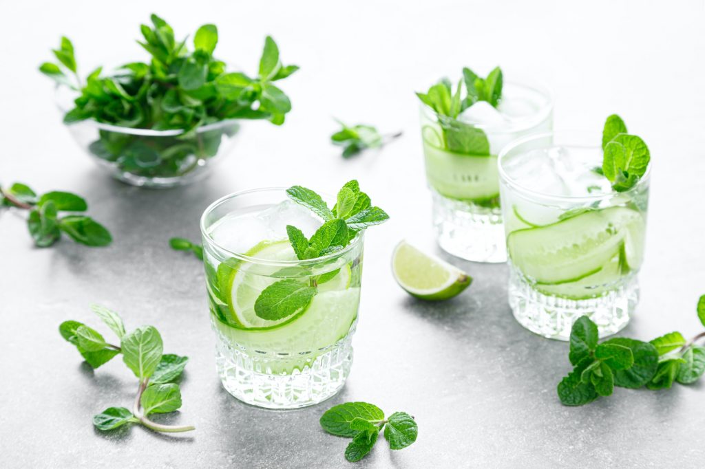Mint, lime and cucumber refreshing infused detox cocktail with ice