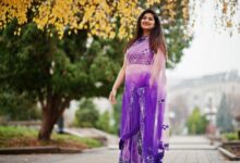 Indian hindu girl at traditional violet saree