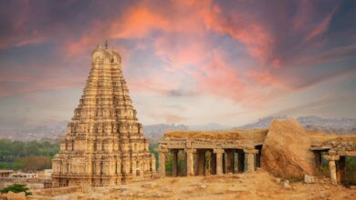 Unbelievable ancient temple ruins in Hampi at sunset, India