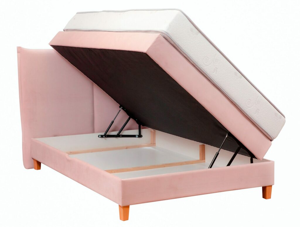 Closeup shot of a modern bed with a lifting mechanism for a storage space