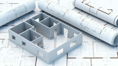 Construction project concept. Architecture blueprint background, 3d illustration