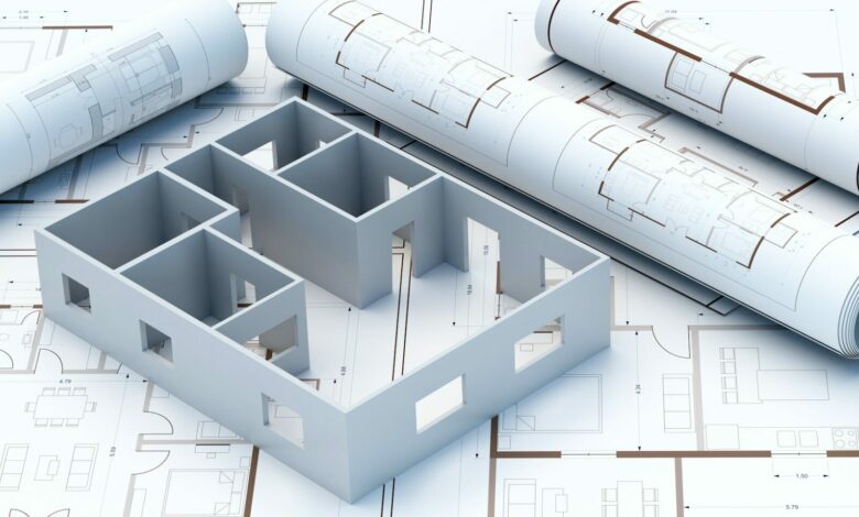 Construction project concept. Architecture blueprint background, 3d illustration