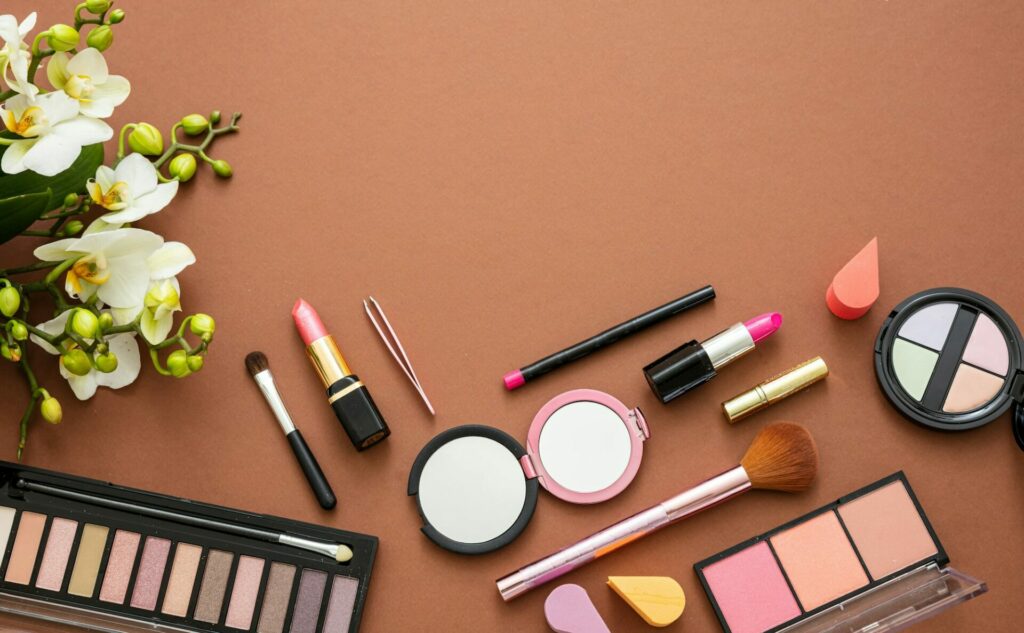Make up natural cosmetics against brown color background