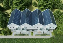 Top view solar panels on the roof of the modern house
