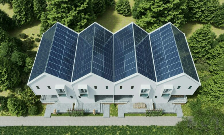 Top view solar panels on the roof of the modern house